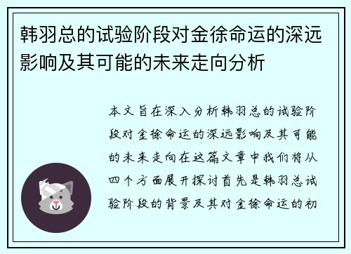 韩羽总的试验阶段对金徐命运的深远影响及其可能的未来走向分析